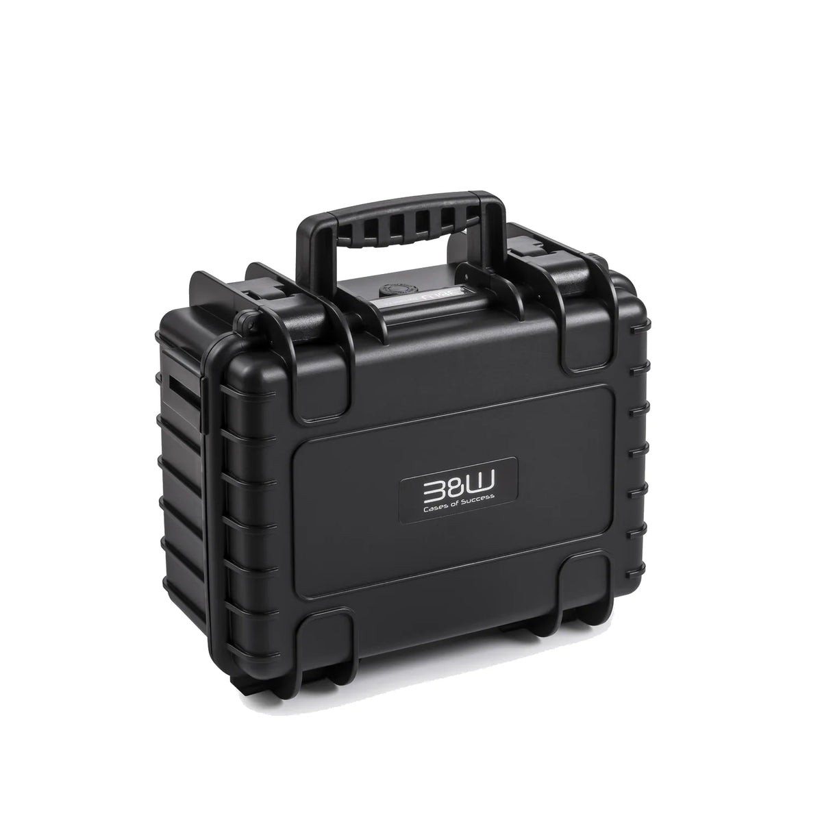 Black waterproof hard case with carrying handle and latches, rugged protective shell.