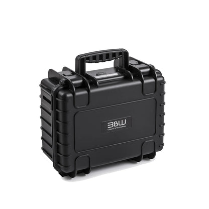 Black waterproof hard case with carrying handle and latches, rugged protective shell.