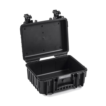 Black waterproof hard case open with molded interior and foam insert compartment.