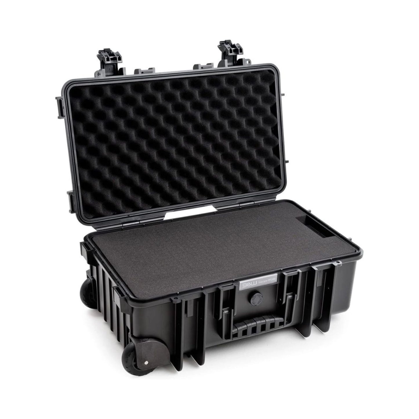 B&W 6600 Case open with foam-lined lid, base inserts, and corner wheels.