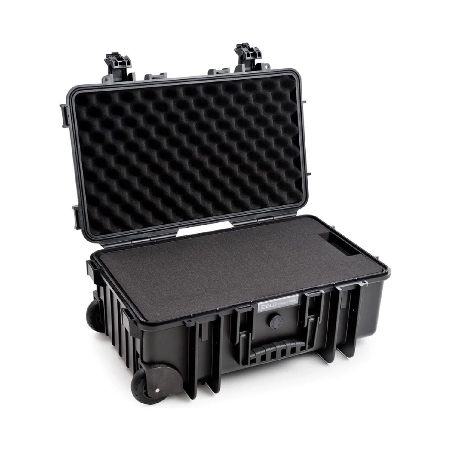 B&W 6600 Case open with foam-lined lid, base inserts, and corner wheels.
