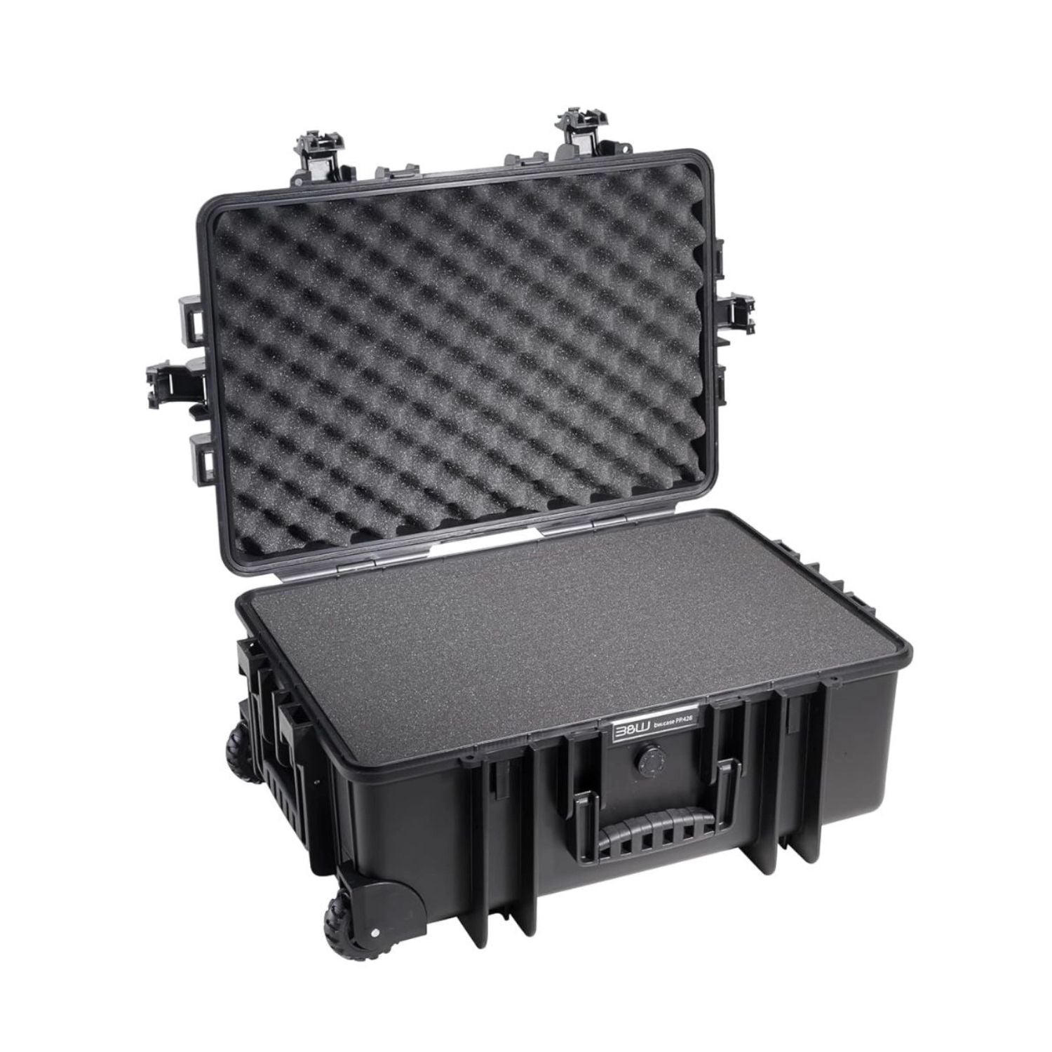 Hard case with open lid and black foam-lined interior