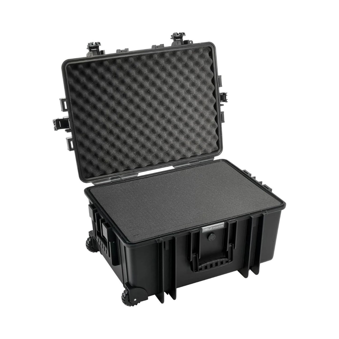 B&W 6800 case open view with textured lid foam and black base, hinged protective cover
