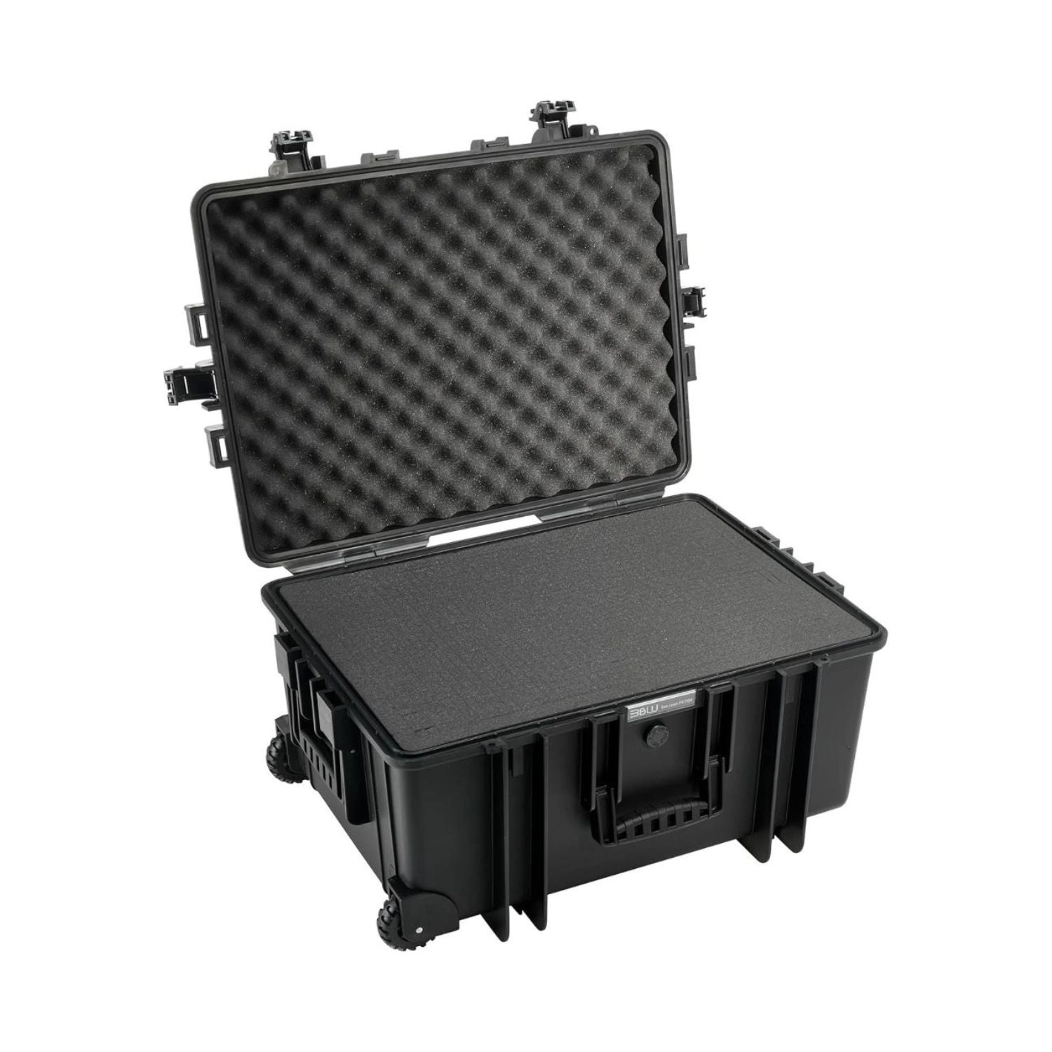 B&W 6800 case open view with textured lid foam and black base, hinged protective cover