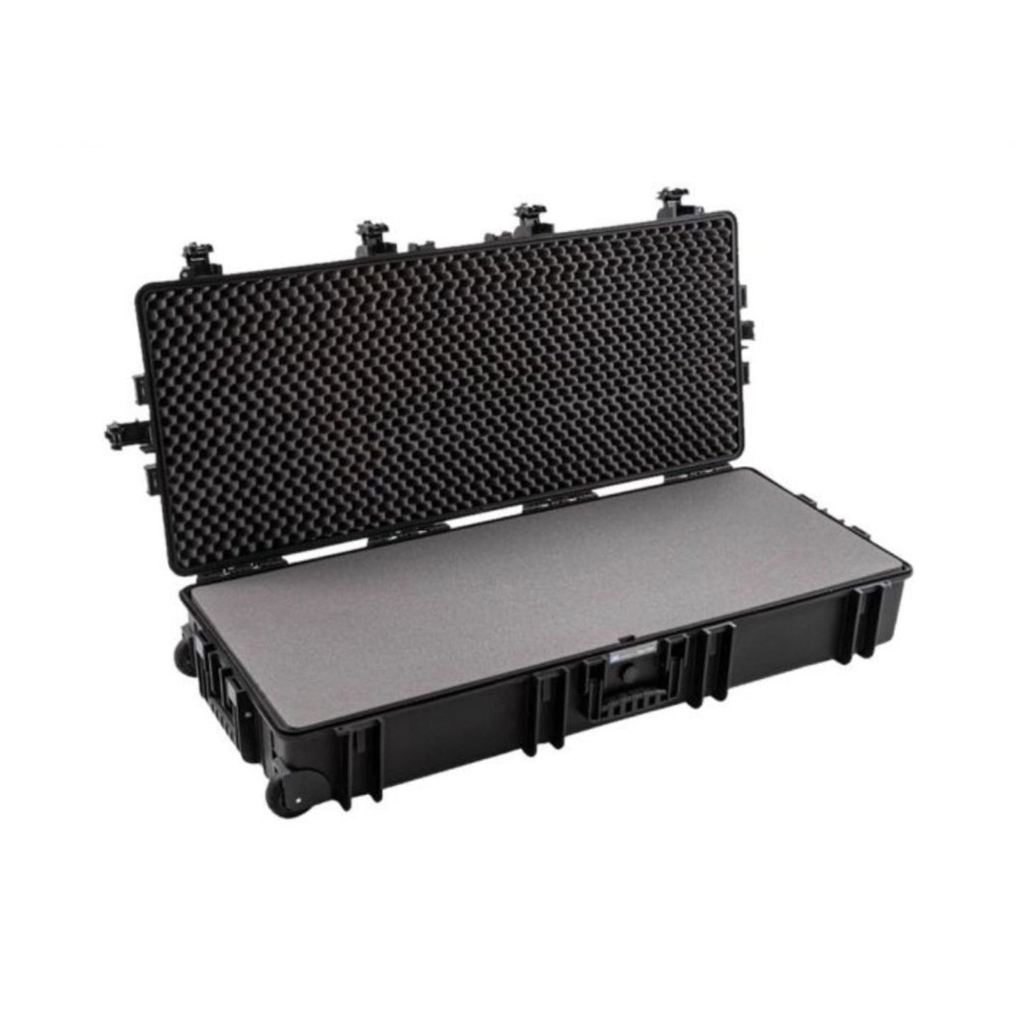 Opened B&W 7200 case with textured Pick-N-Plug foam and black latch hardware