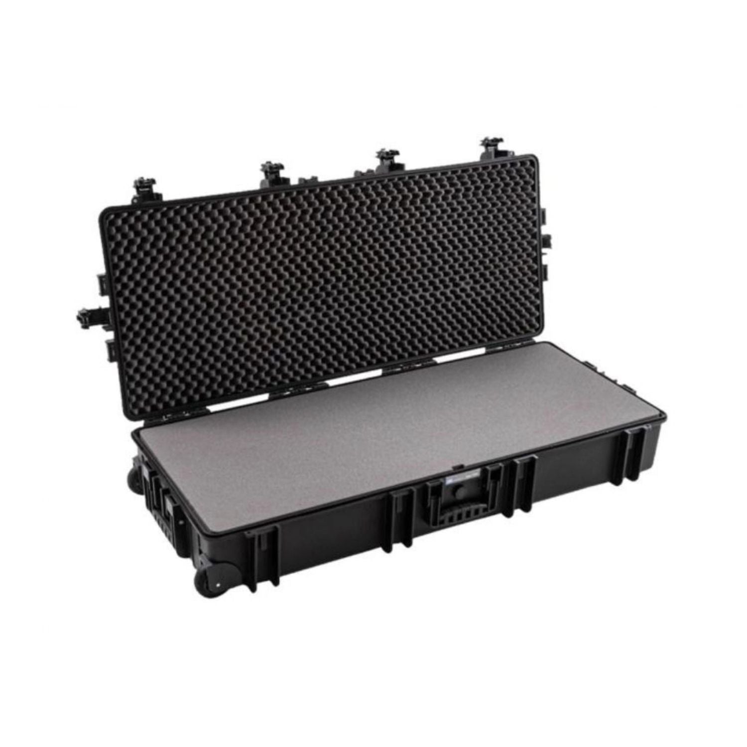 Opened B&W 7200 case with textured Pick-N-Plug foam and black latch hardware