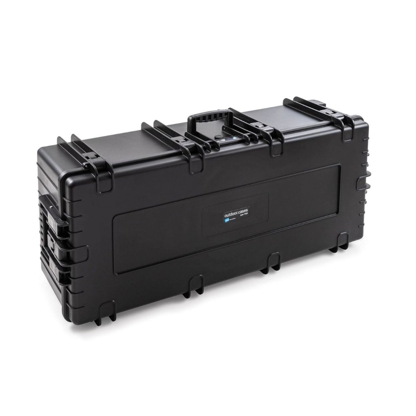 B&W 7300 hard case with open lid and locking latches, black shell