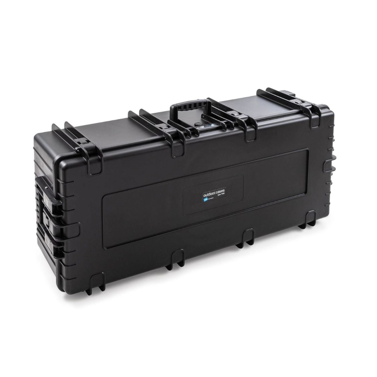 B&W 7300 hard case with open lid and locking latches, black shell