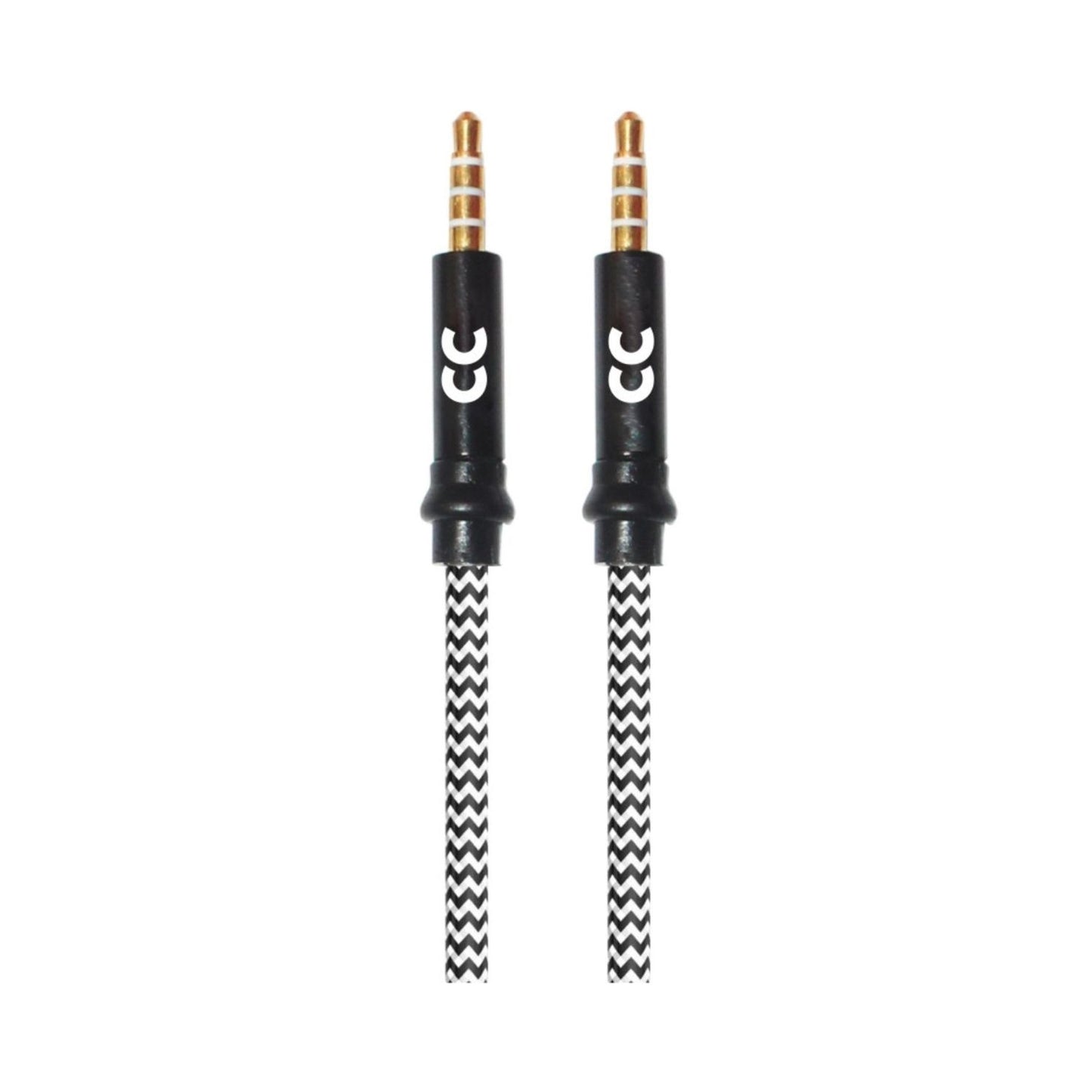 Stereo AUX braided audio cable with dual 3.5mm gold plugs, black-and-white chevron