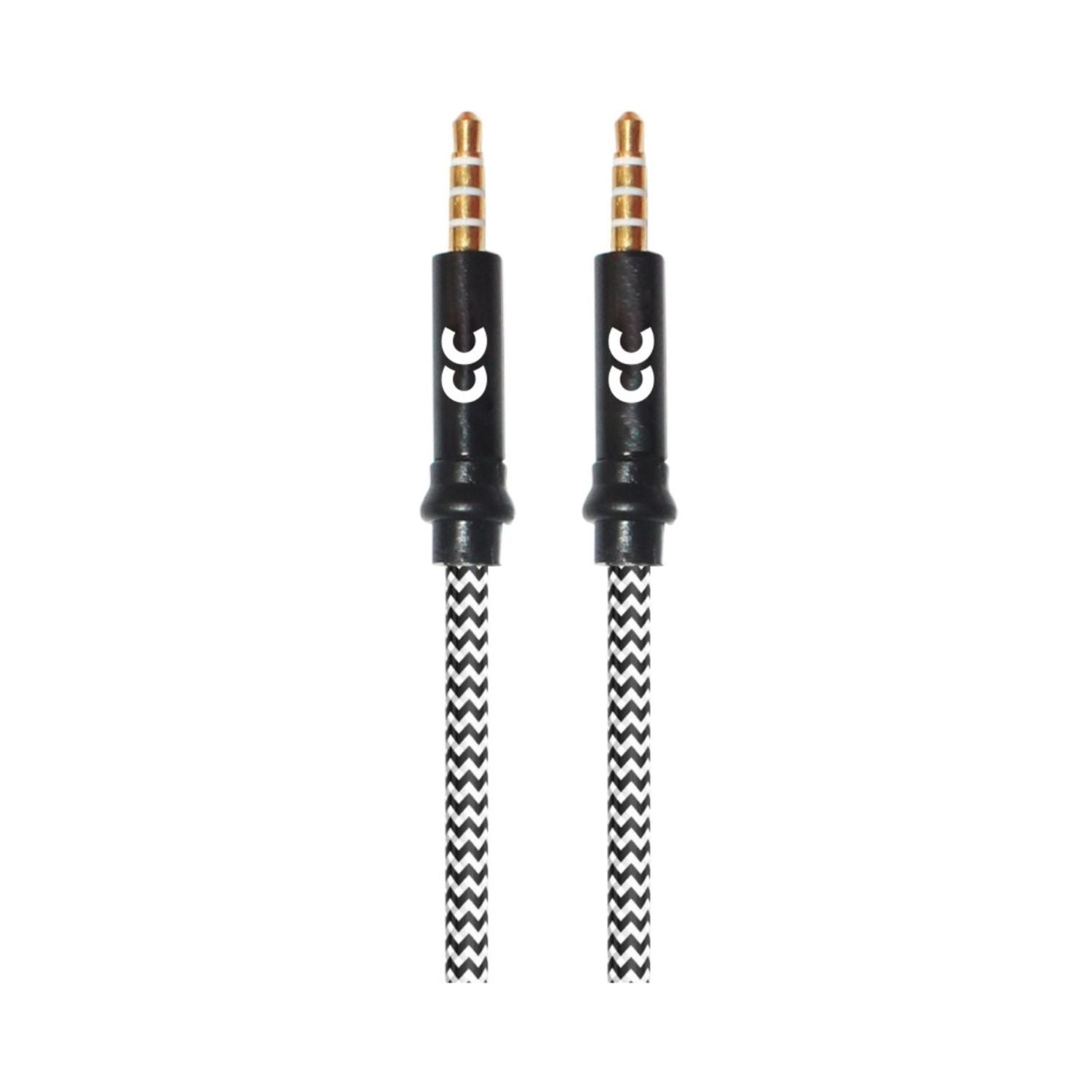 Stereo AUX braided audio cable with dual 3.5mm gold plugs, black-and-white chevron