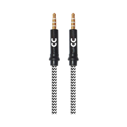 Stereo AUX braided audio cable with dual 3.5mm gold plugs, black-and-white chevron