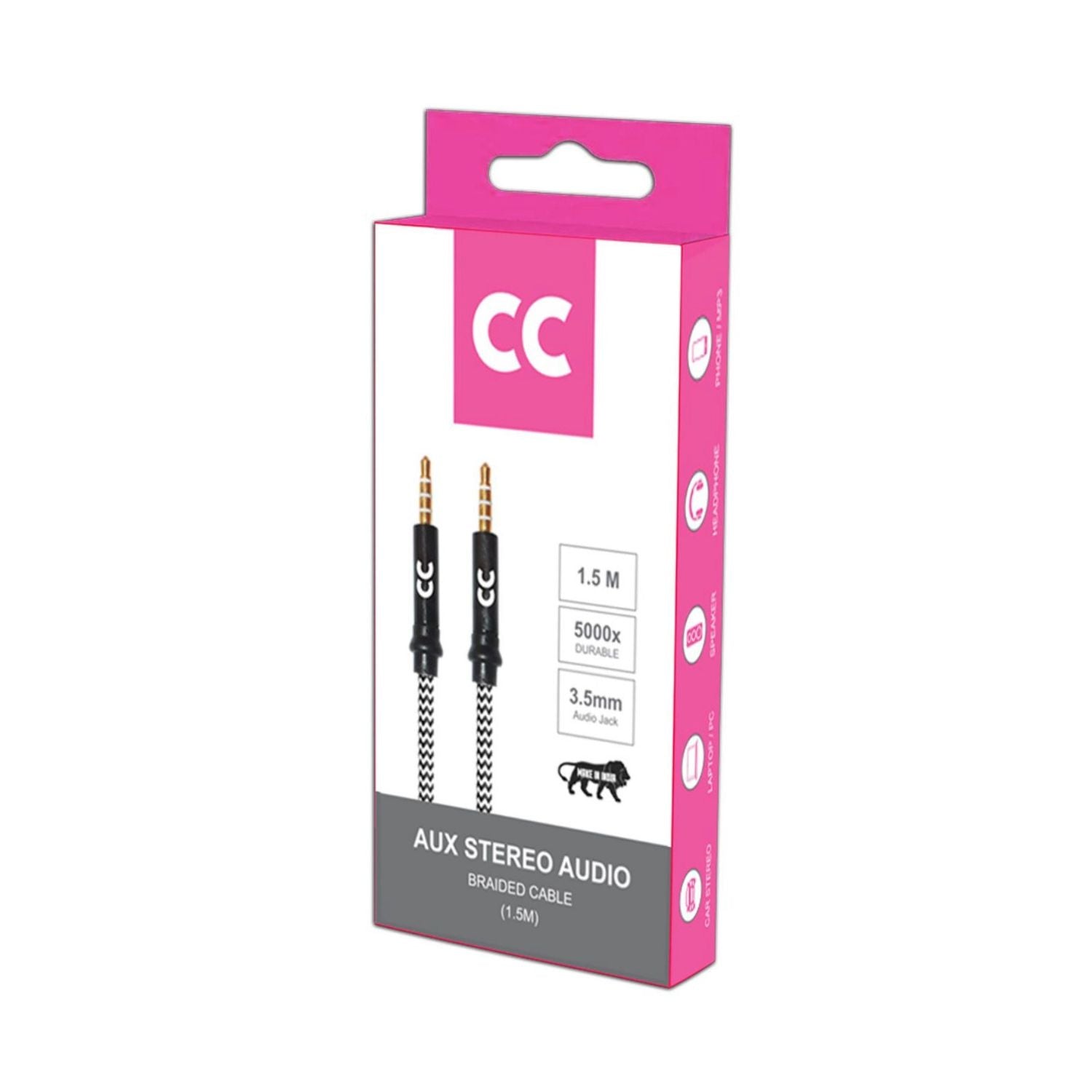 CC 1.5m AUX stereo audio braided cable box, showing two 3.5mm connectors