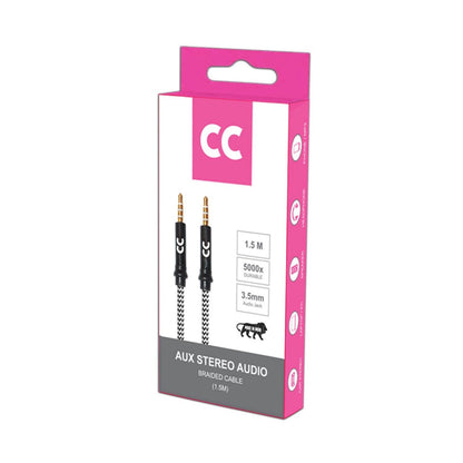 CC 1.5m AUX stereo audio braided cable box, showing two 3.5mm connectors