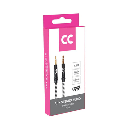 AUX stereo audio braided cable packaging with 1.5m length and 3.5mm audio jack