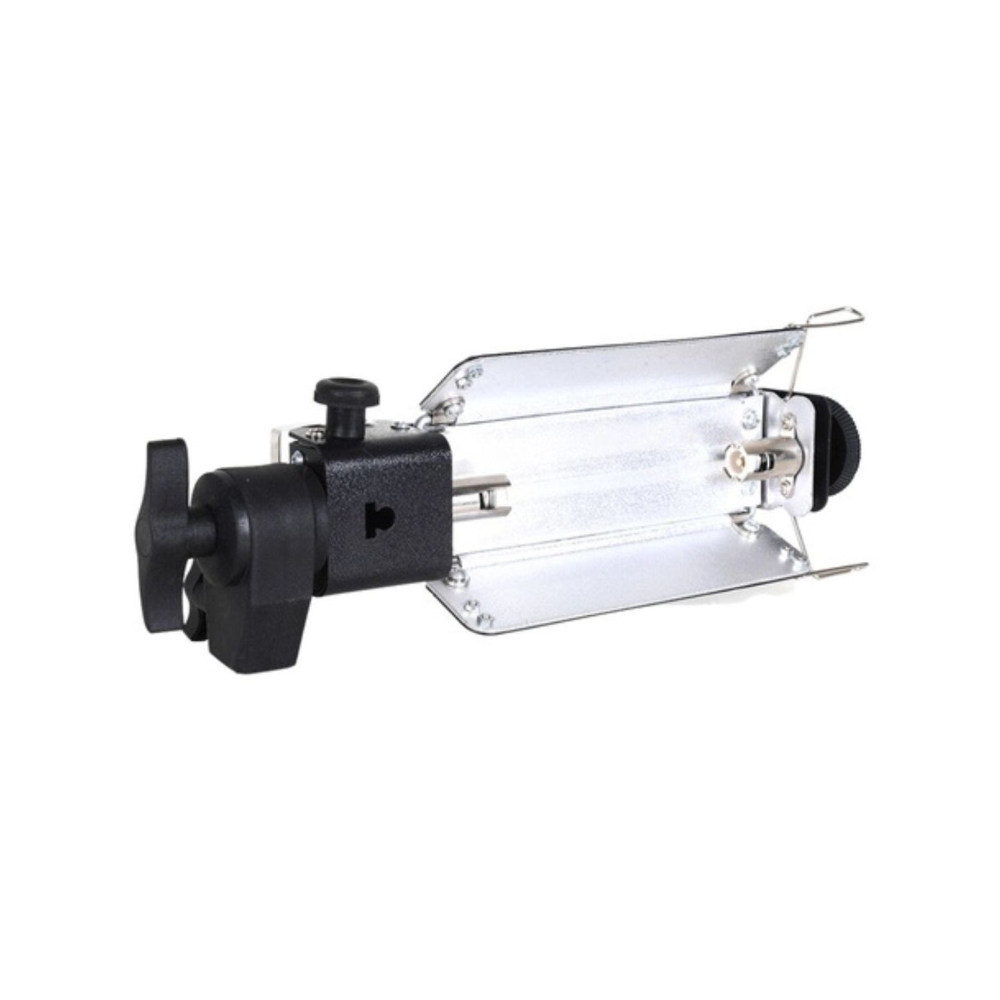Porta Light CC vue de côté : boîtier noir, réflecteur argenté et ailettes