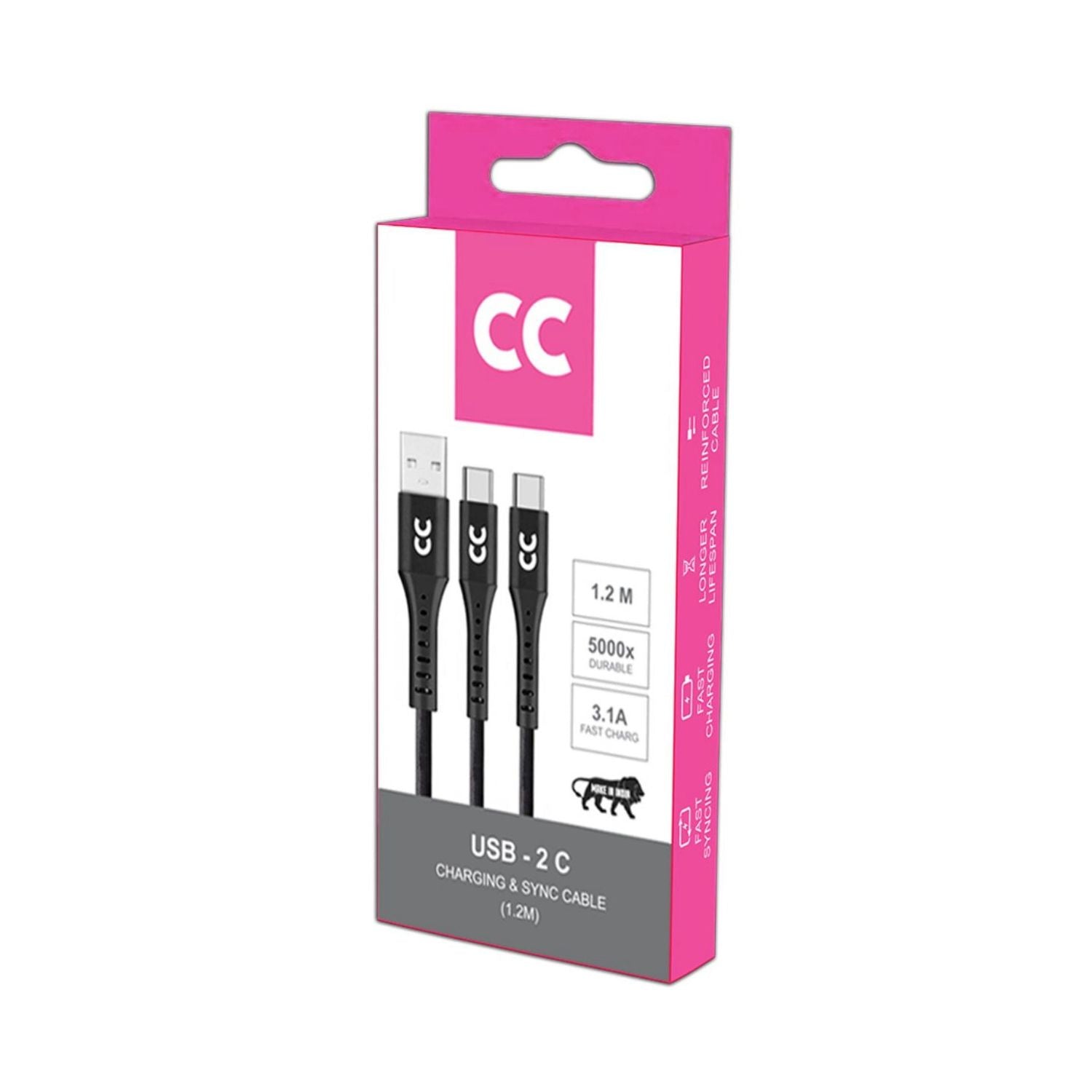 USB-2C charging & syncing cable retail box, 1.2 m; fast charge and sync cable set