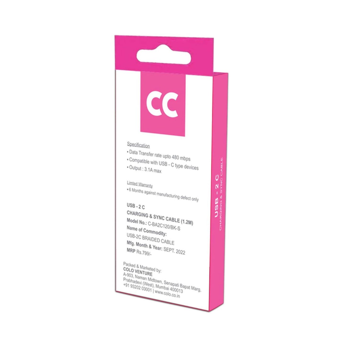 Back of CC USB-2C cable box with specs like 3.1A output and 1.2 m model