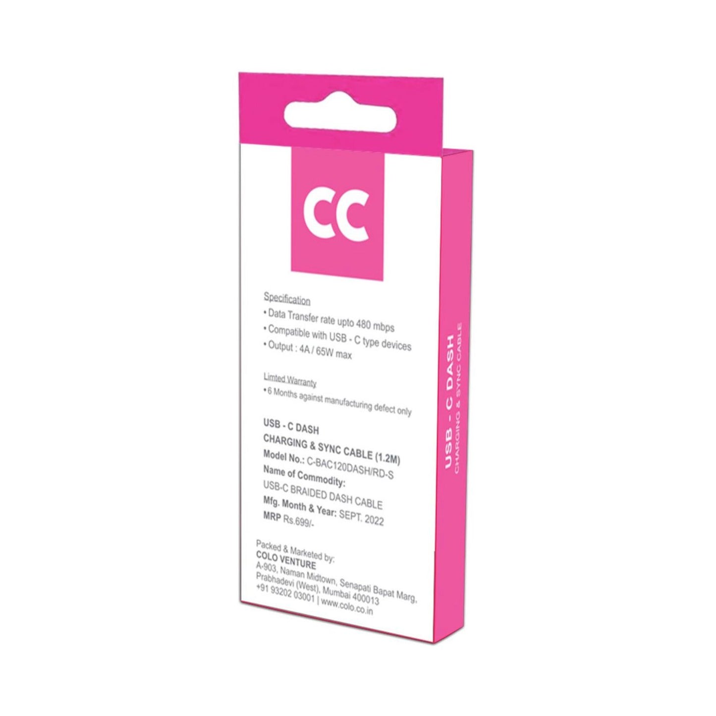 USB‑C Dash Charging & Sync Cable 1,2 m, Rückseite der Verpackung