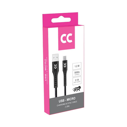 USB-Micro Charging & Sync Cable (1,2 m) Verpackung mit Leistungsangaben und Steckern