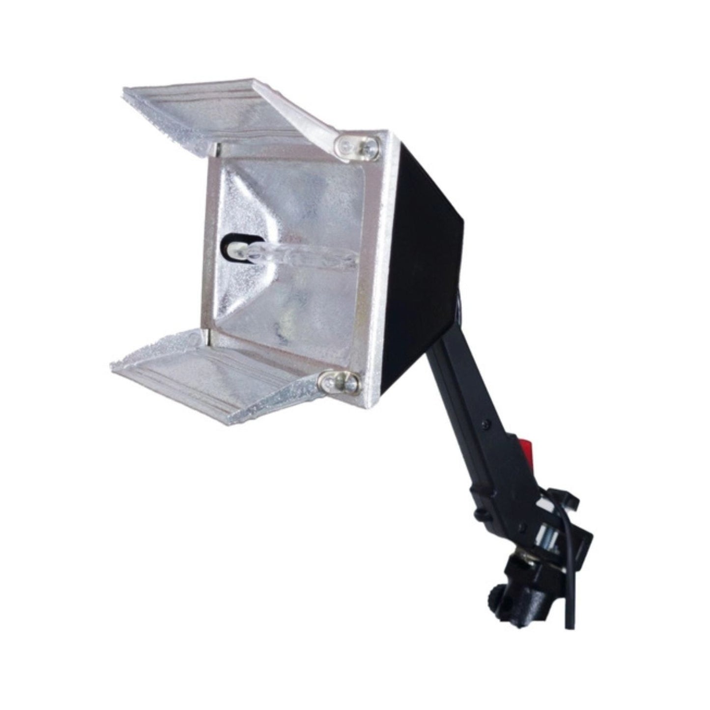 Sun gun video light with silver reflector and black side housing on mounting arm