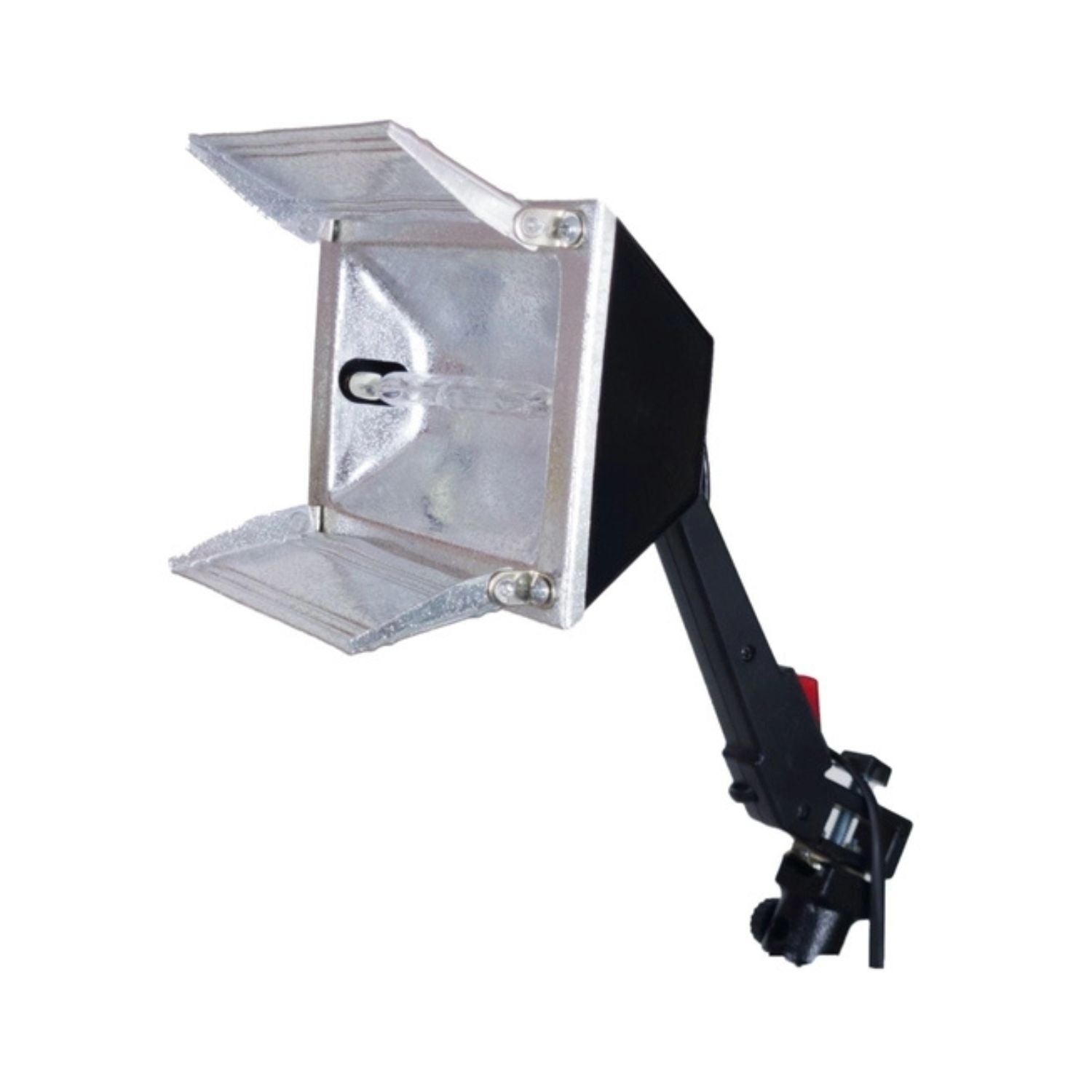 Sun gun video light with silver reflector and black side housing on mounting arm