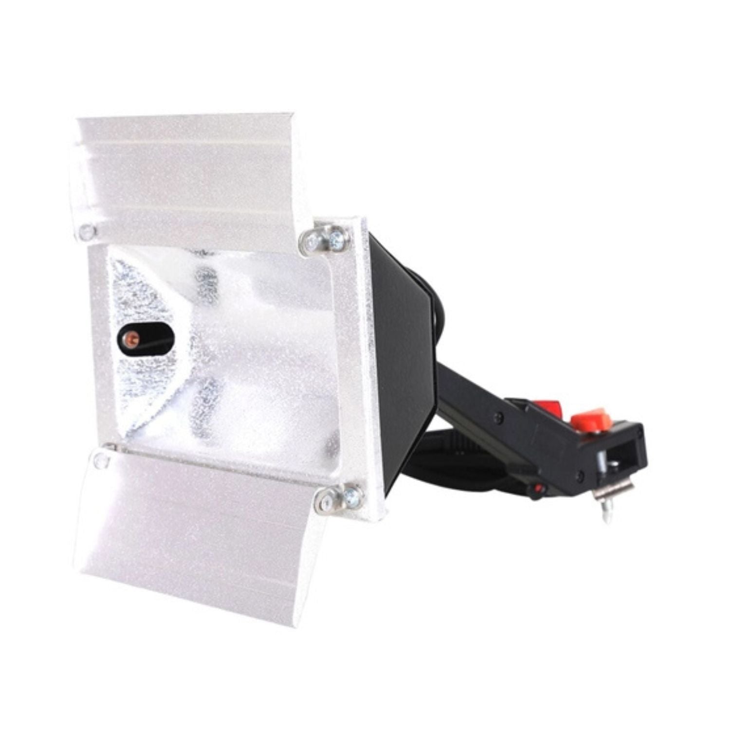 Sun gun video light with silver reflector head and black clamp-style mounting bracket