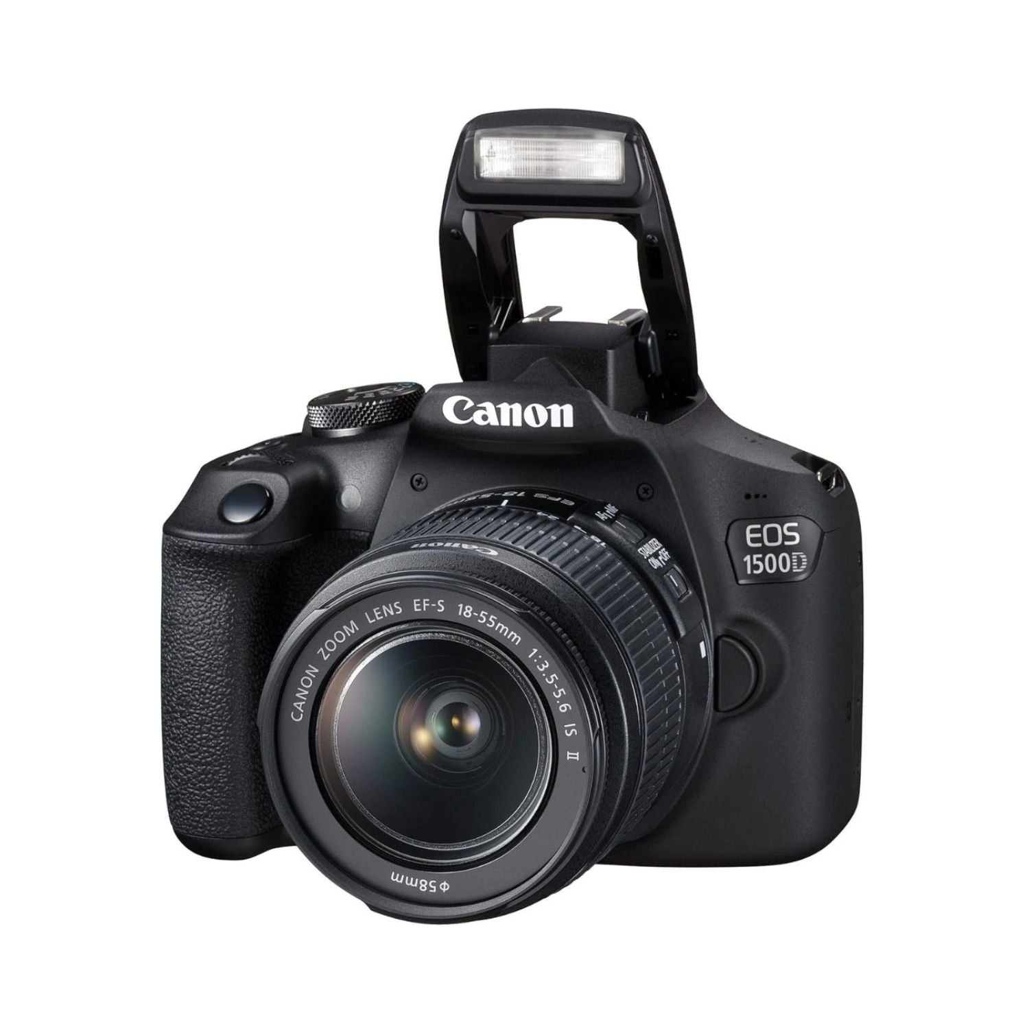 EOS 1500D DSLR camera with 18-55mm lens, flash raised
