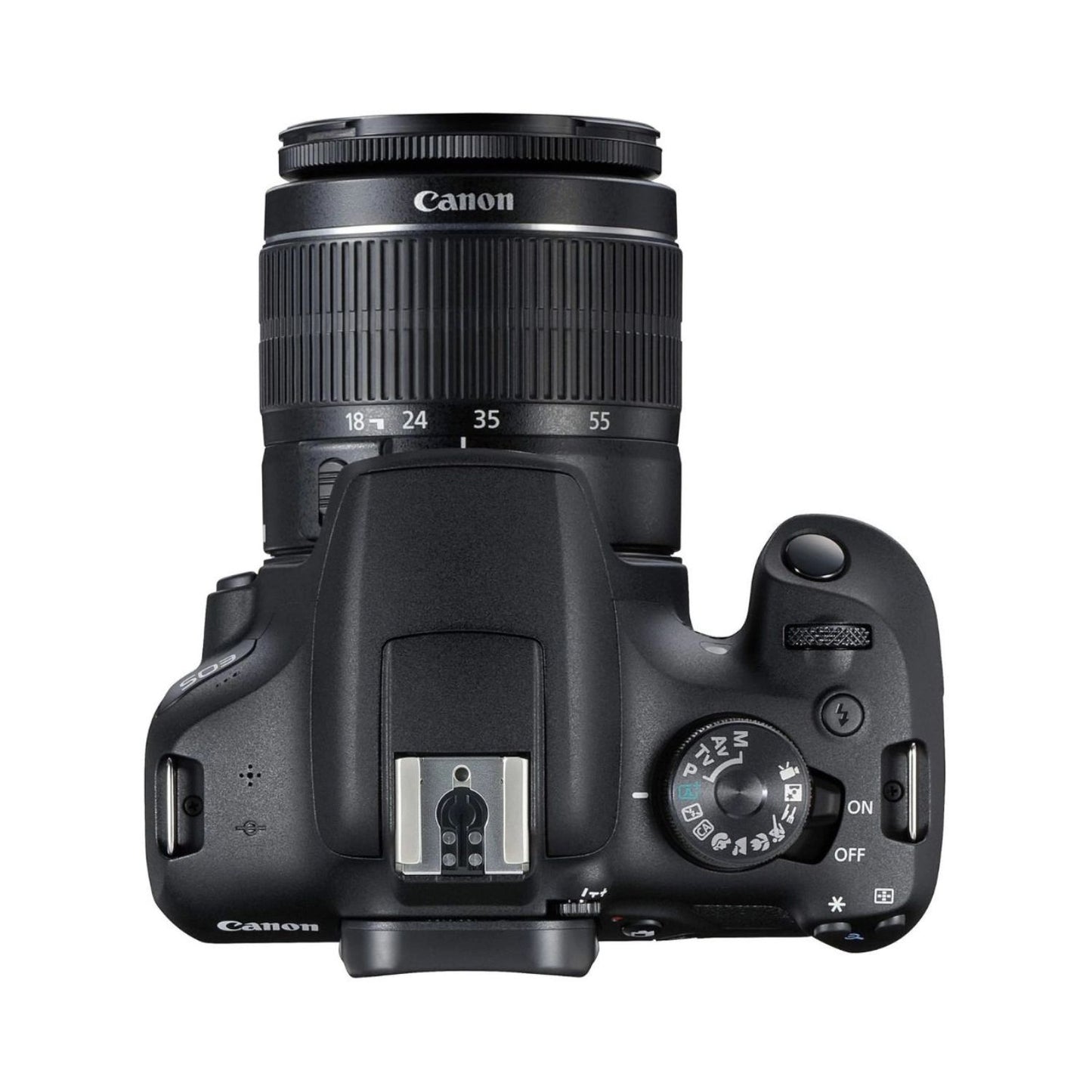 Canon DSLR camera body with 18-55mm lens, rear controls and screen