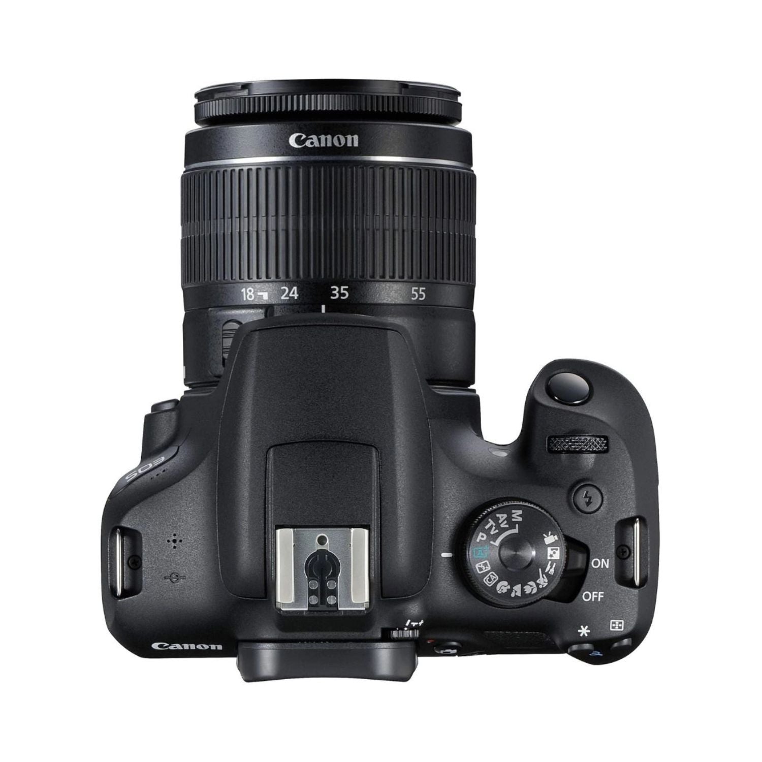 Canon DSLR camera body with 18-55mm lens, rear controls and screen