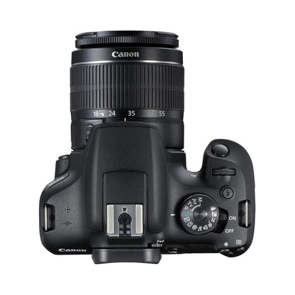 Canon DSLR camera body with 18-55mm lens, rear controls and screen