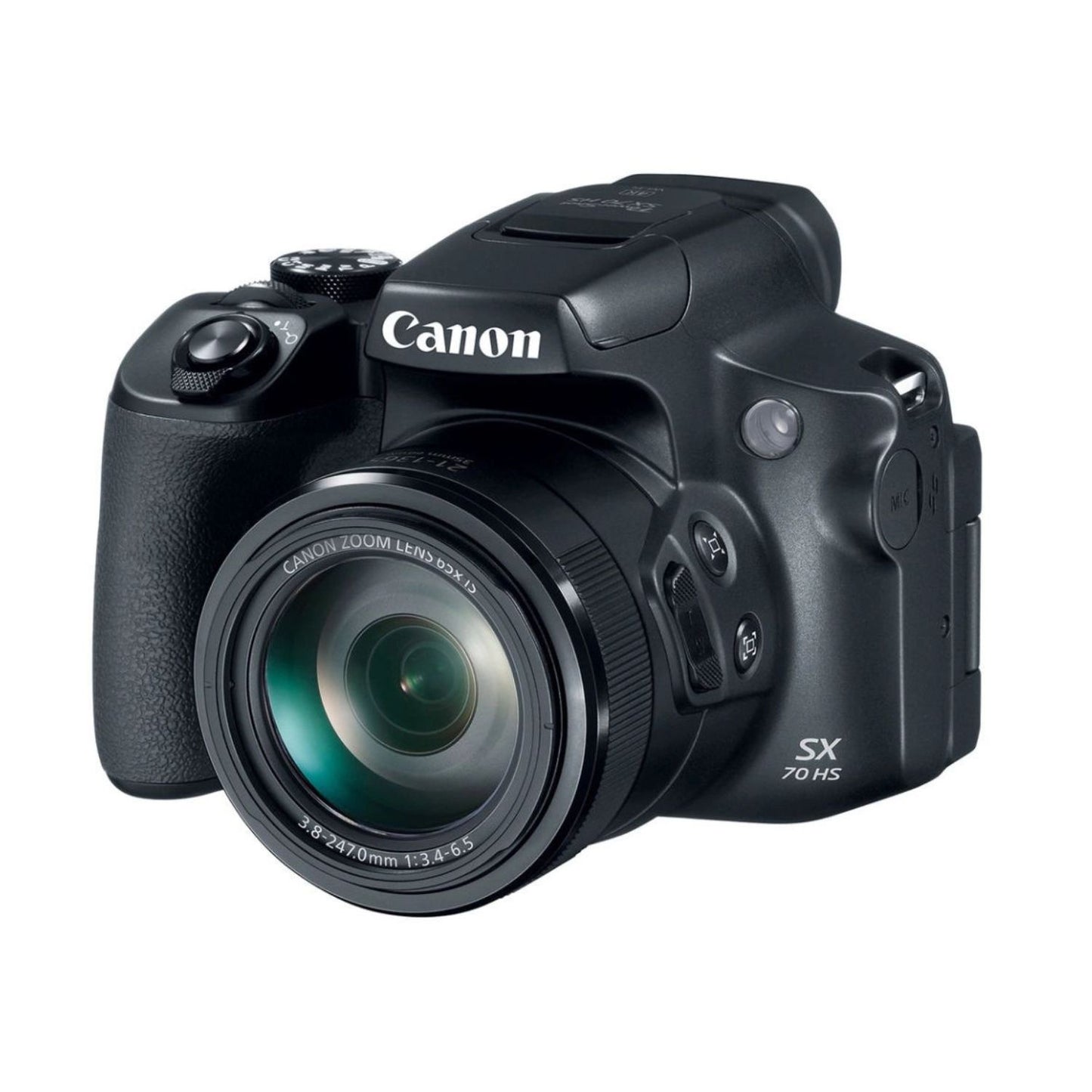 Canon PowerShot SX70 HS digital camera, angled view with lens and controls