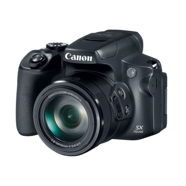 Canon PowerShot SX70 HS digital camera, angled view with lens and controls