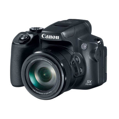 Canon PowerShot SX70 HS digital camera, angled view with lens and controls