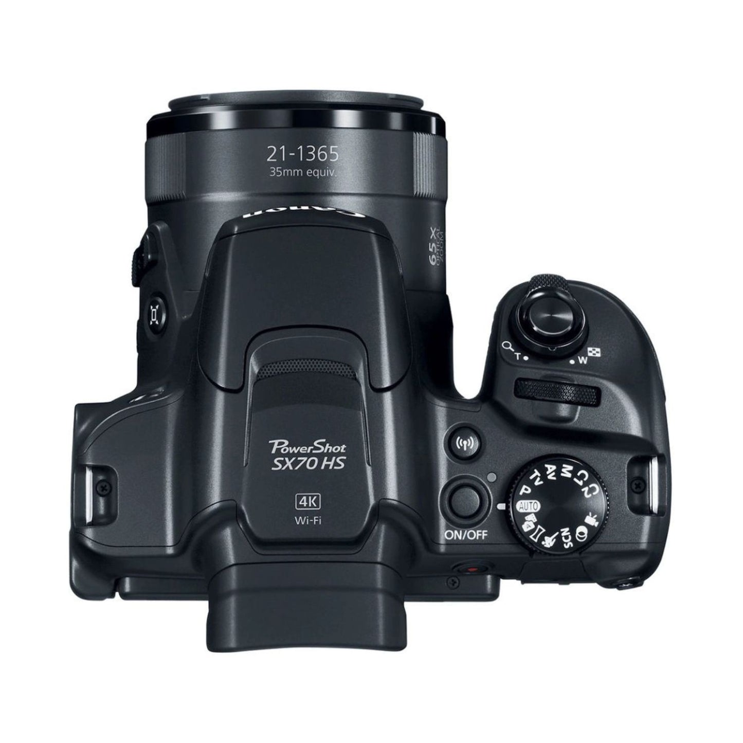 Canon PowerShot SX70 HS camera, mode dial and 4K Wi‑Fi label