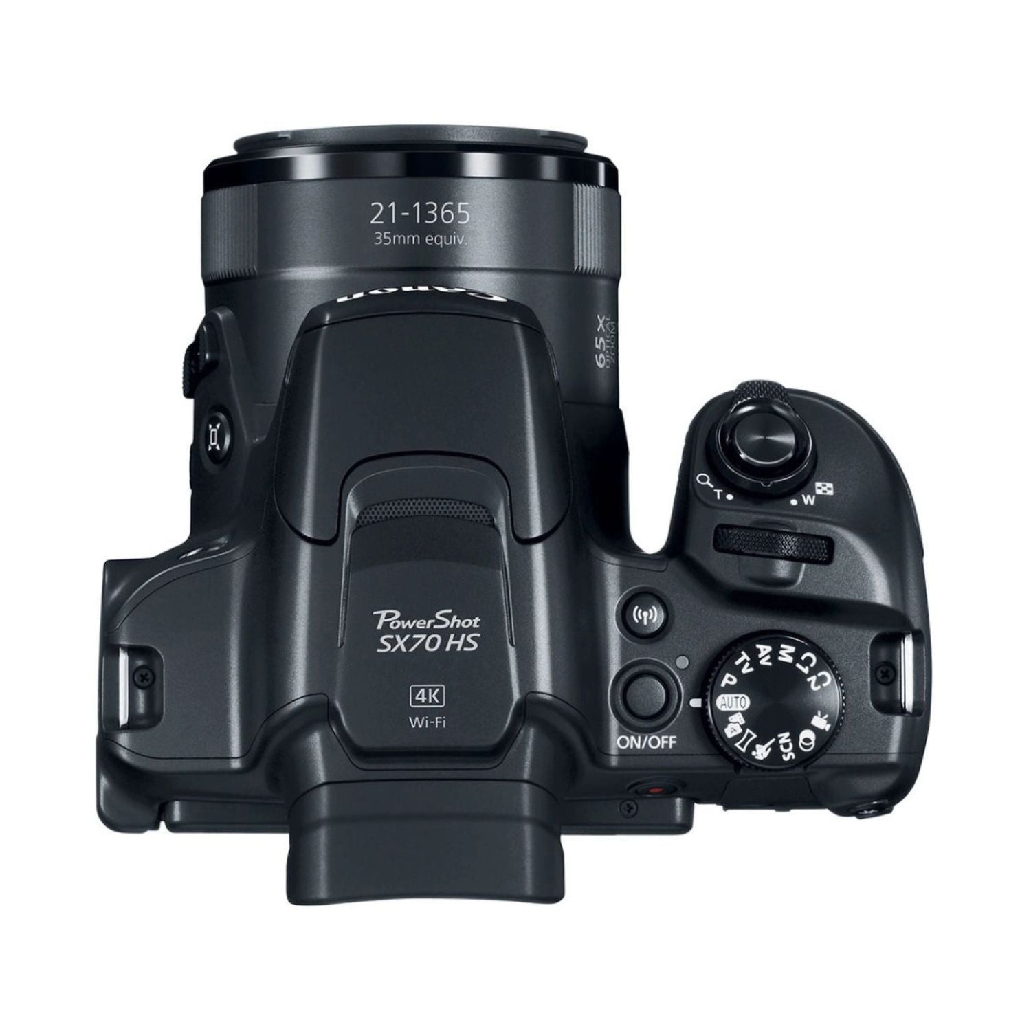 Canon PowerShot SX70 HS camera, mode dial and 4K Wi‑Fi label