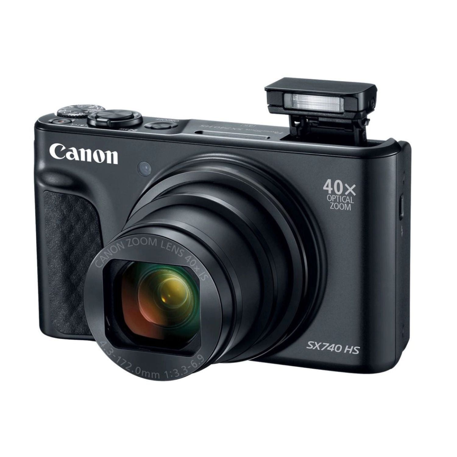 PowerShot SX740 HS compact camera front view with 40x optical zoom lens and flash