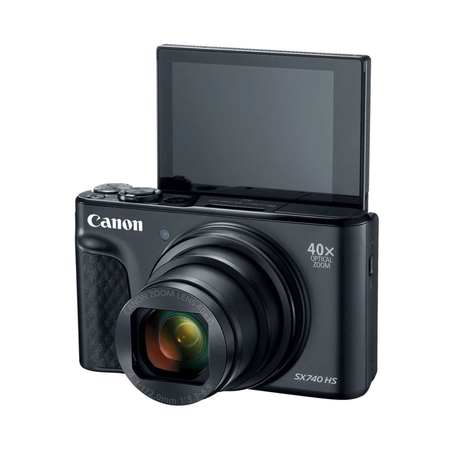 PowerShot SX740 HS compact camera with 40x optical zoom lens and open LCD screen