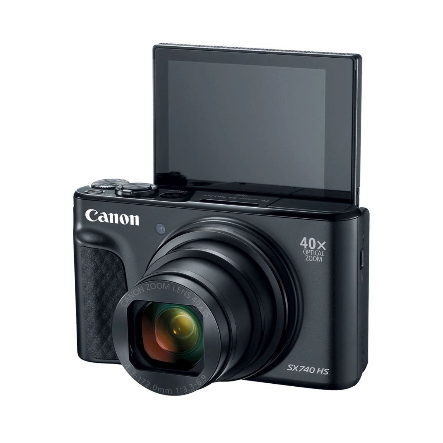 PowerShot SX740 HS compact camera with 40x optical zoom lens and open LCD screen