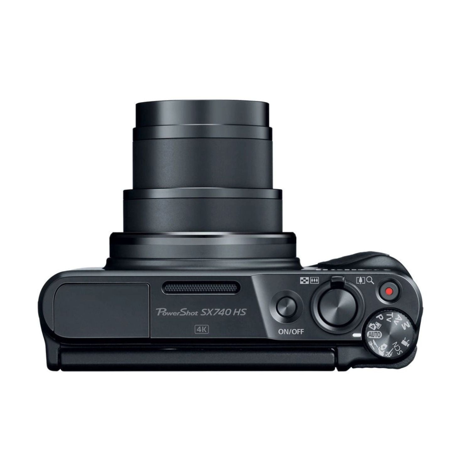 PowerShot SX740 HS camera top controls and lens barrel, view of mode dial