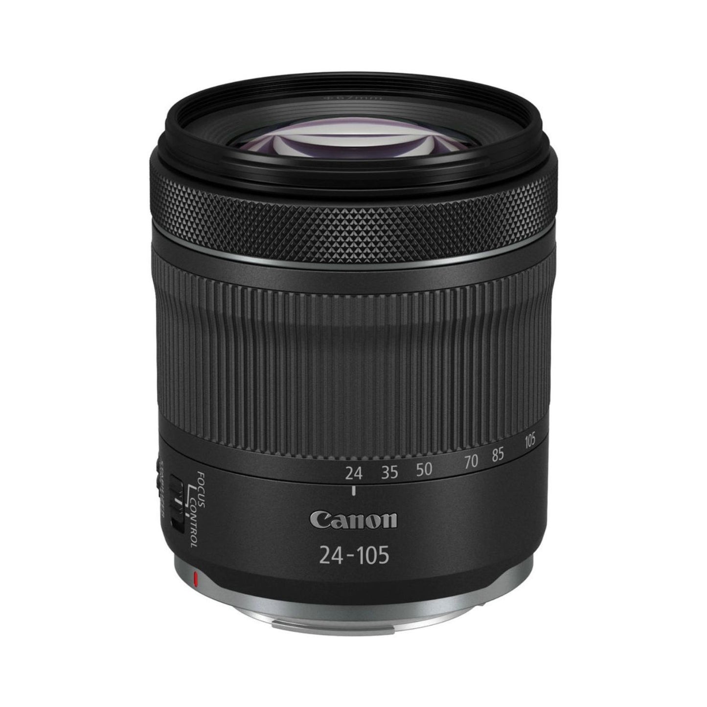 Black RF 24-105mm lens with textured grip and front glass element