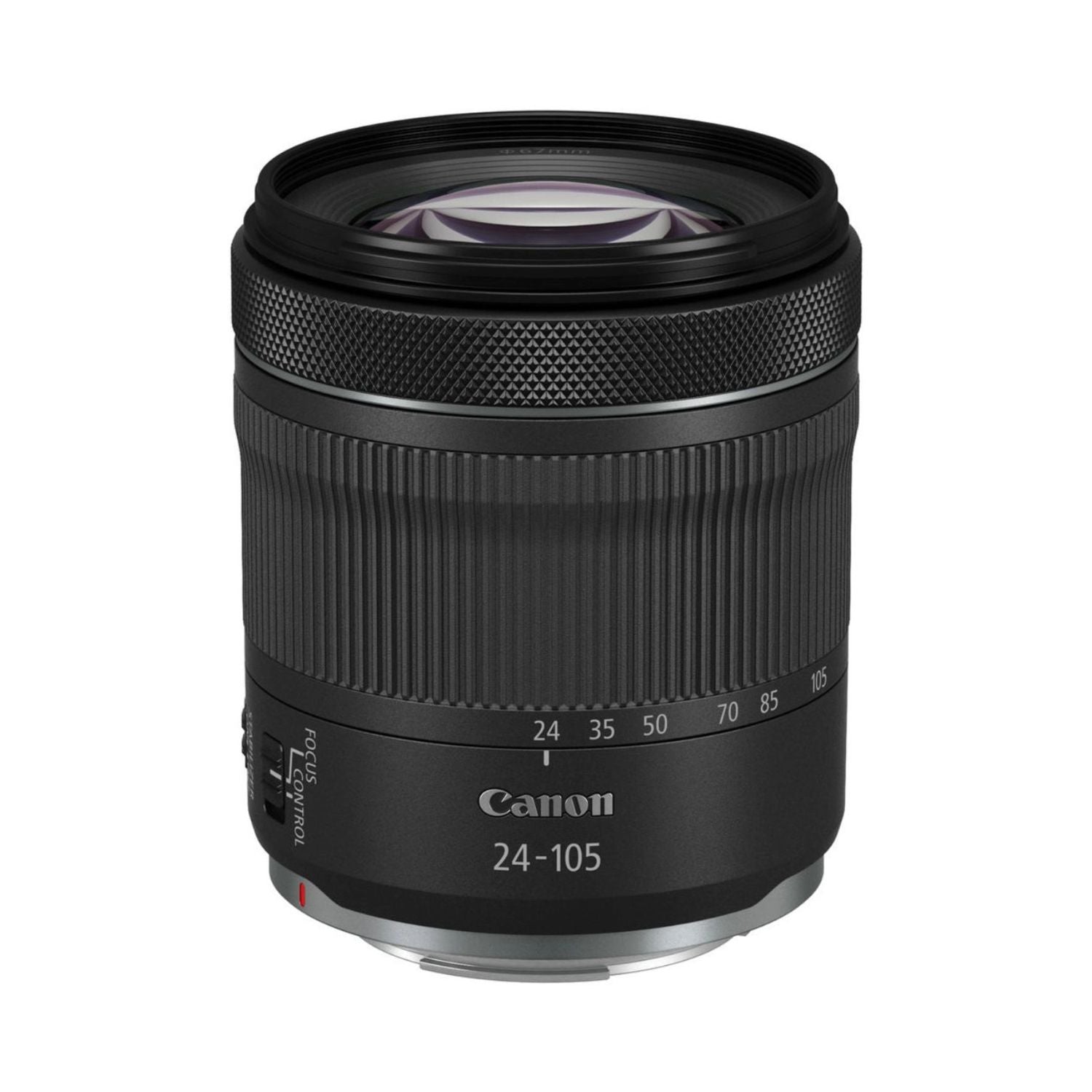 Black RF 24-105mm lens with textured grip and front glass element