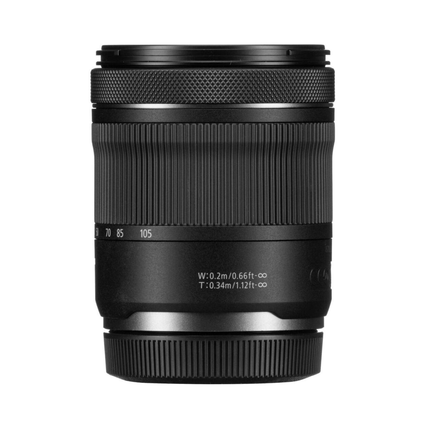 Back view of black RF 24-105mm lens barrel with mounting contacts