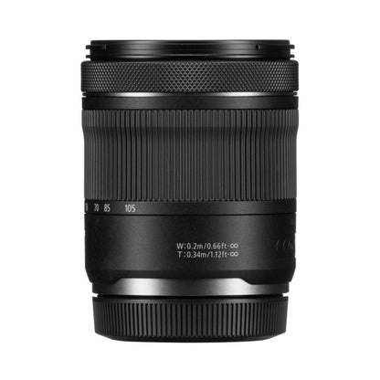 Back view of black RF 24-105mm lens barrel with mounting contacts