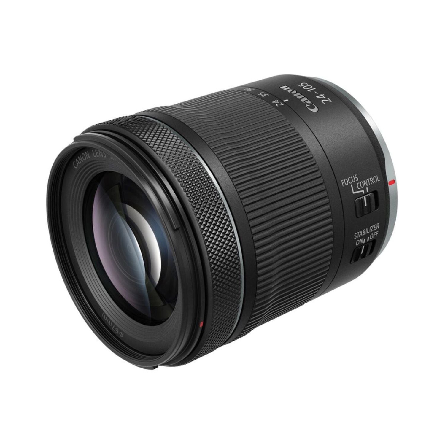 Angled view of black RF 24-105mm lens with focus control and stabilizer switch