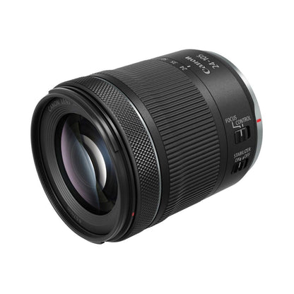 Angled view of black RF 24-105mm lens with focus control and stabilizer switch