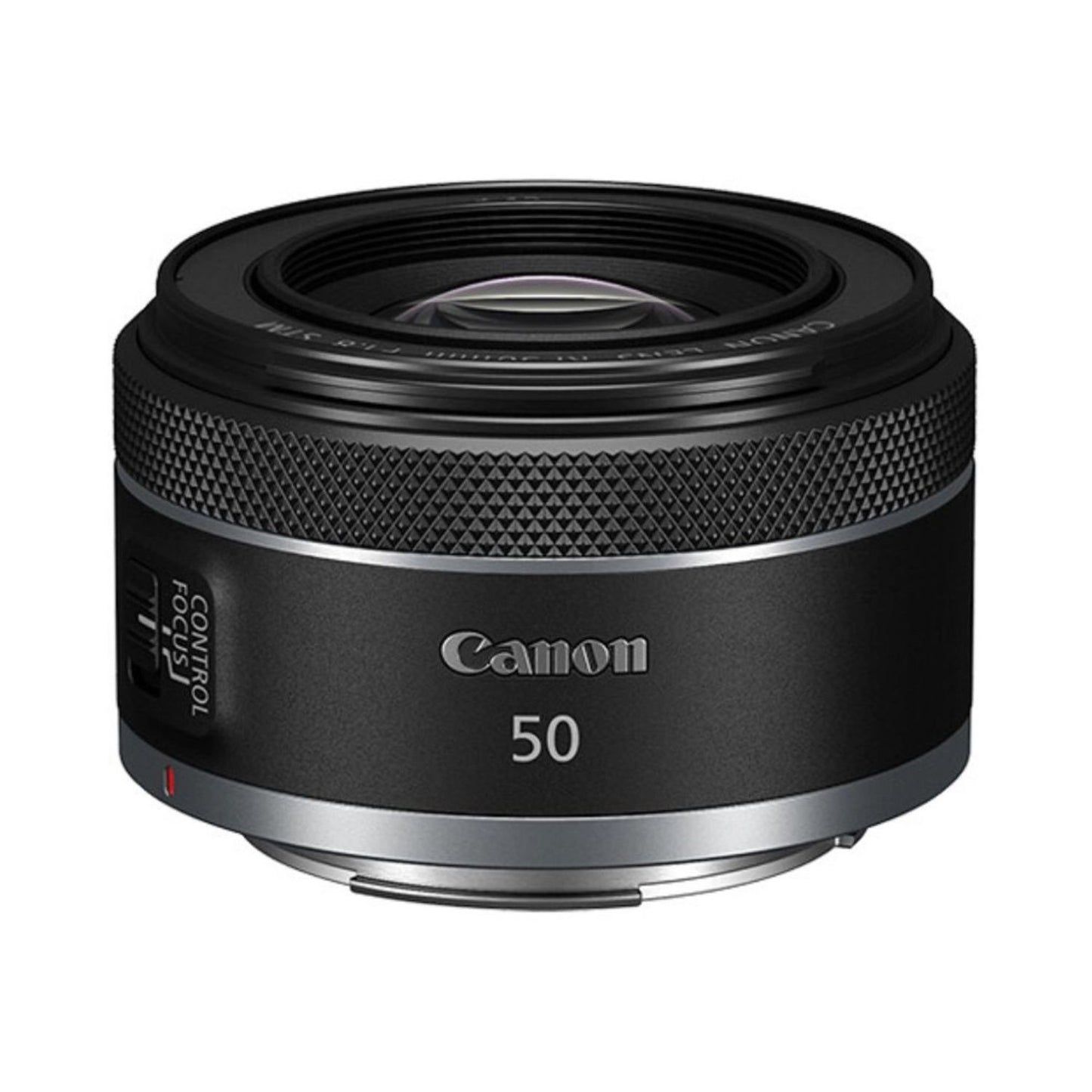 Canon RF 50mm f/1.8 STM lens, black front with textured grip