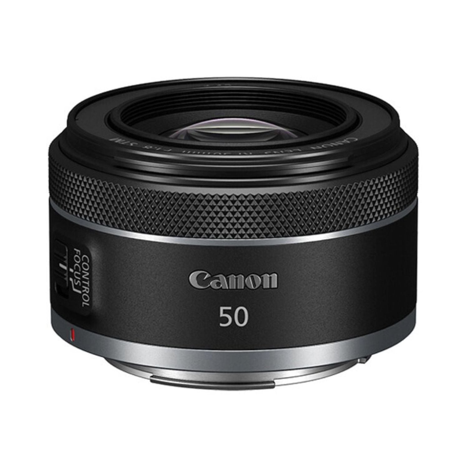 Canon RF 50mm f/1.8 STM lens, black front with textured grip