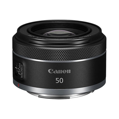 Canon RF 50mm f/1.8 STM lens, black front with textured grip