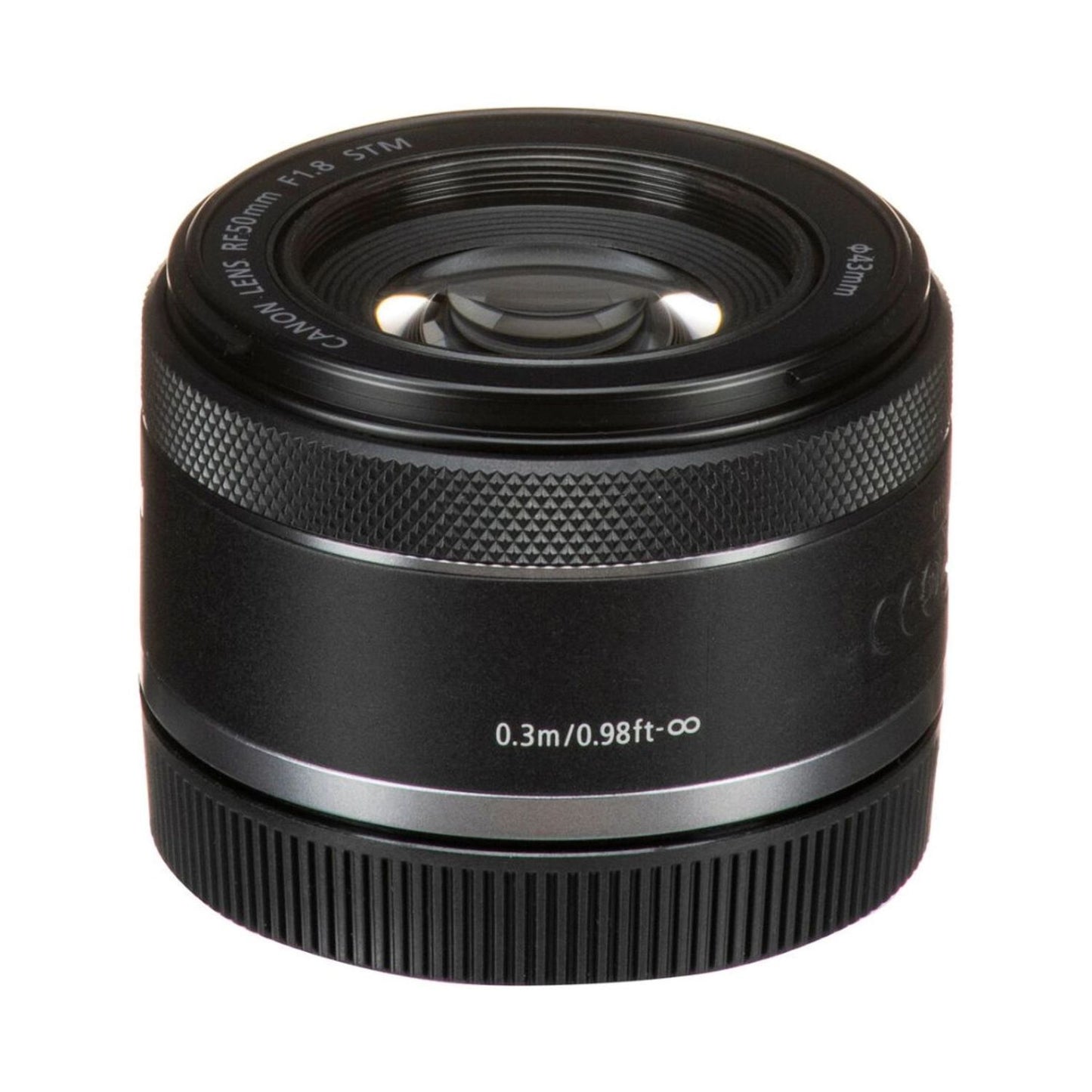 RF 50mm f/1.8 STM lens, black barrel with engraved distance markings