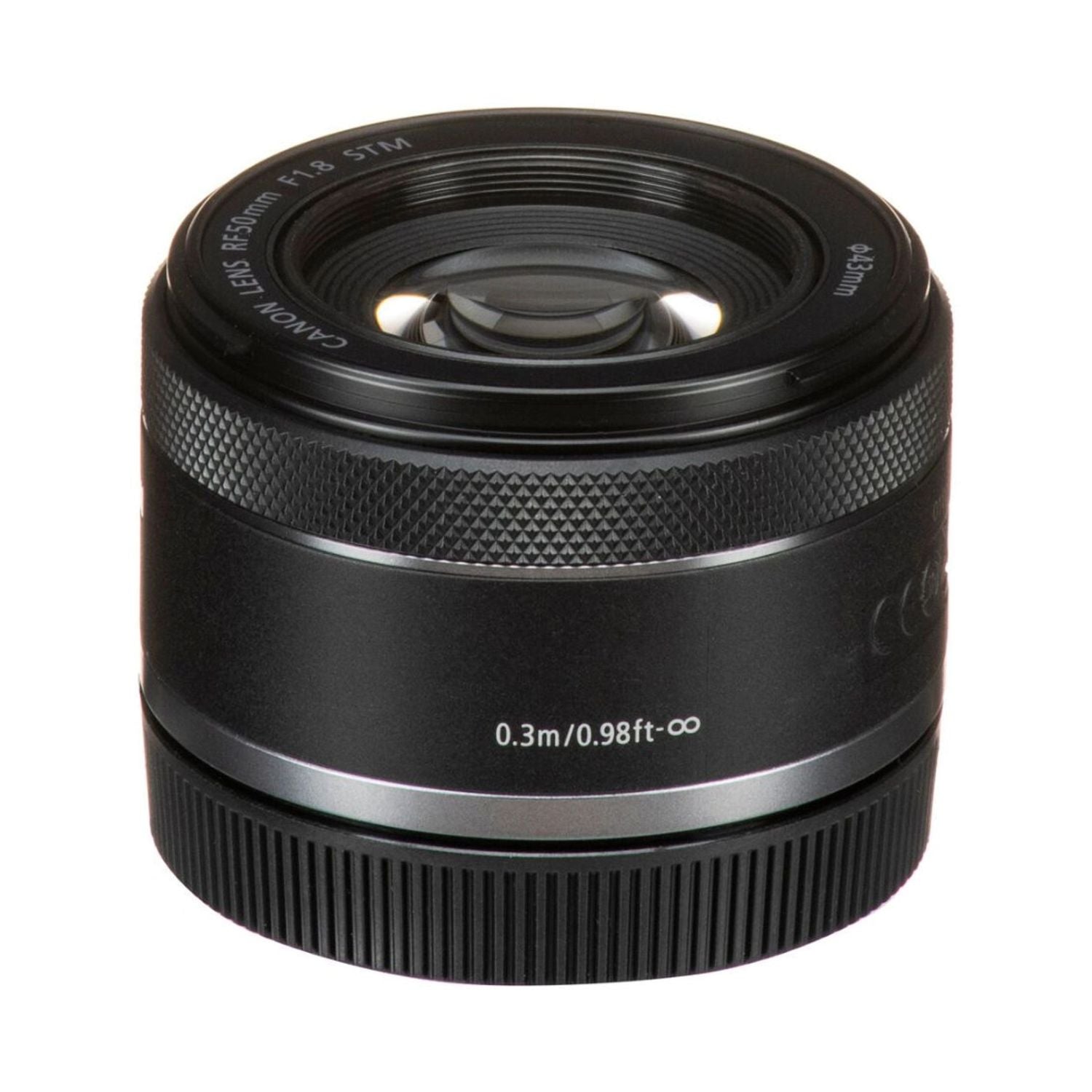 RF 50mm f/1.8 STM lens, black barrel with engraved distance markings